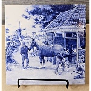 Vintage Royal Mosa Holland Tile Hand Crafted Blue Delft Horse Farrier Shoeing